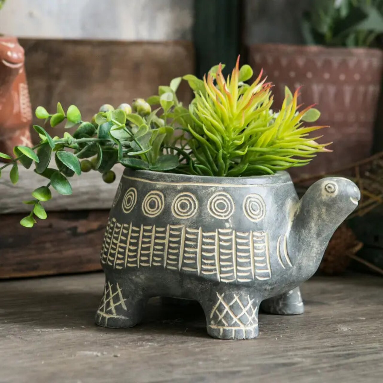 Turtle Shape Planter Cement Pot Textured Stone Indoor Outdoor Garden Decor